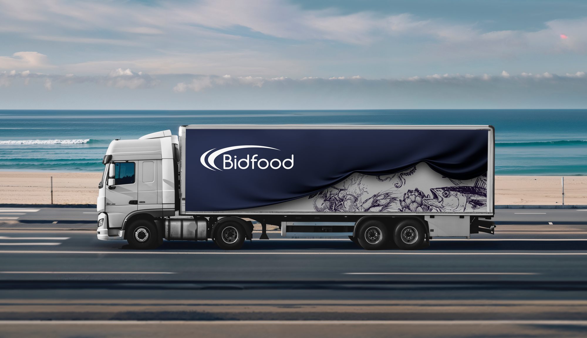 A Bidfood lorry on a coastal road, its trailer wrapped in dark navy drapery against the sea