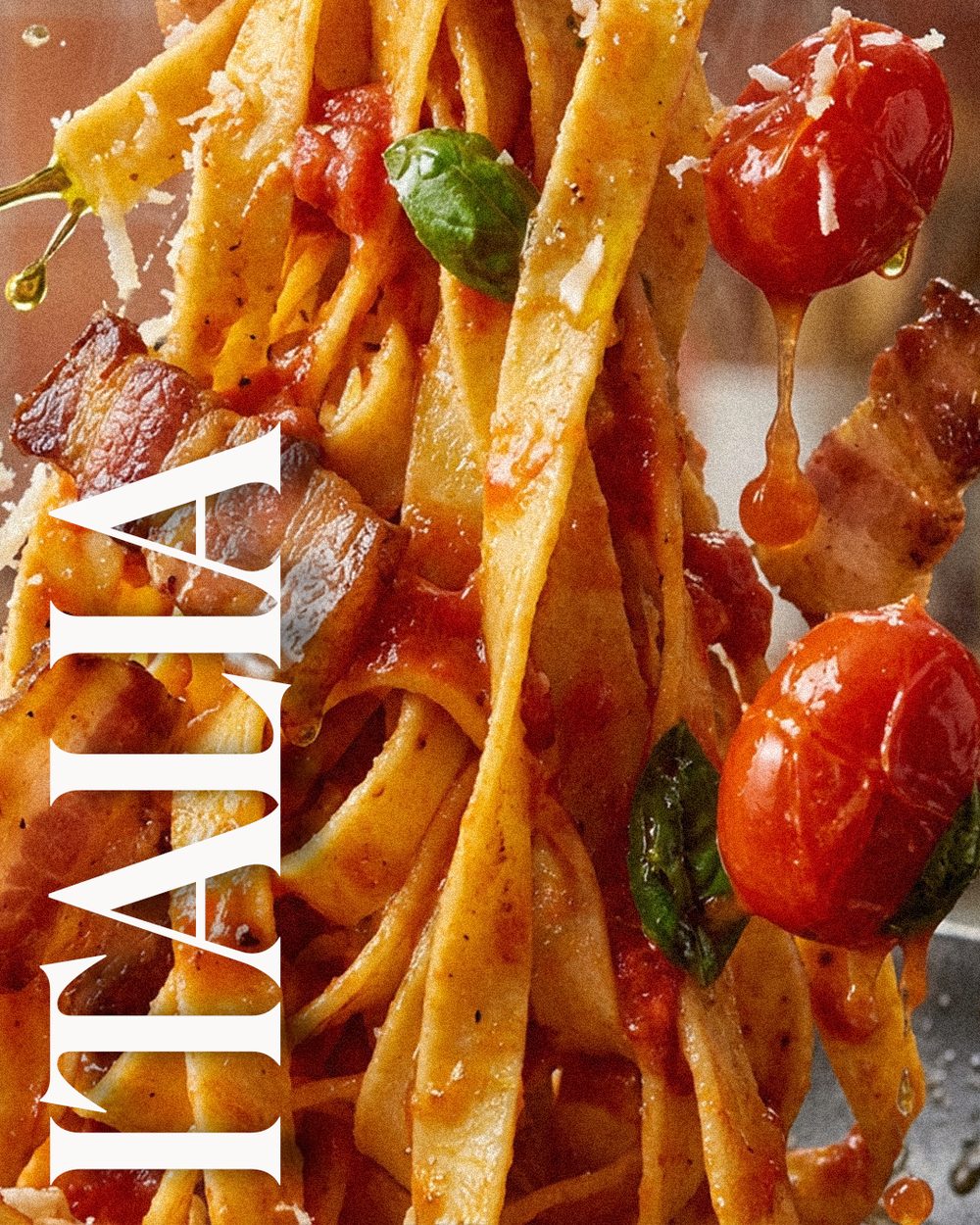 Catalogue cover — 'Italia', tagliatelle with cherry tomatoes and basil
