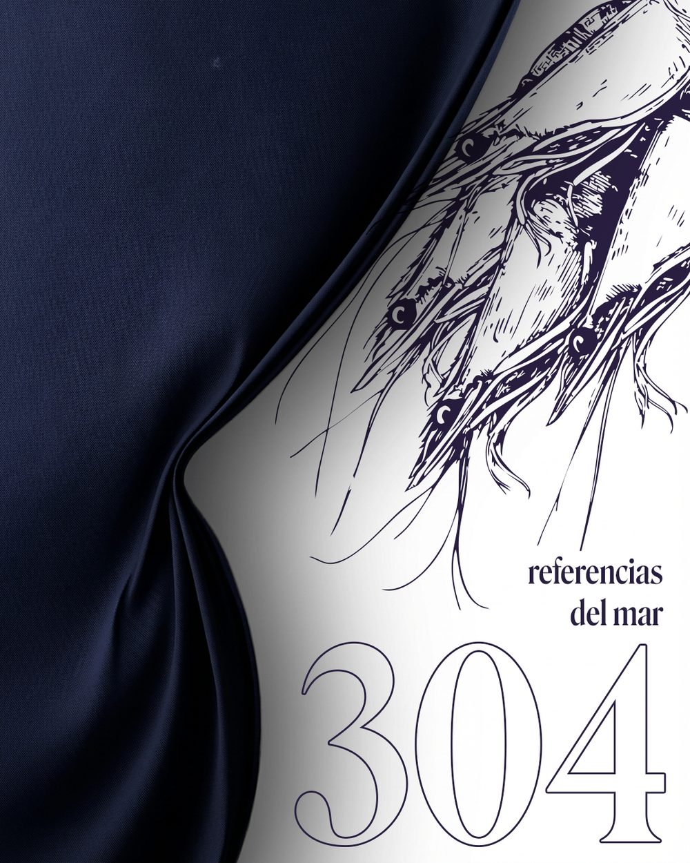 Catalogue cover — engraved sea creatures on navy drapery, '304 referencias del mar'