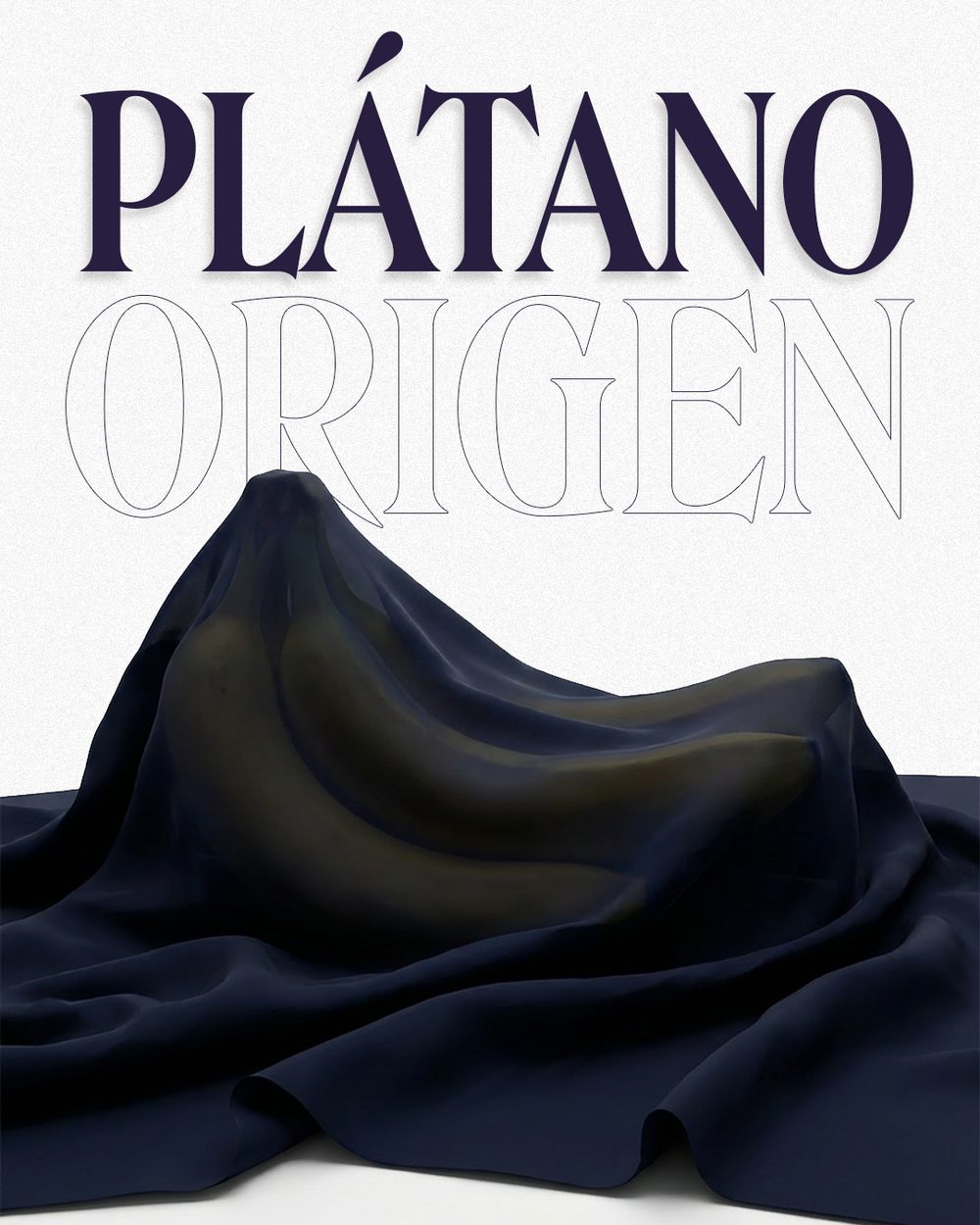 Catalogue cover — 'Plátano Origen', navy drapery sculpted over the fruit