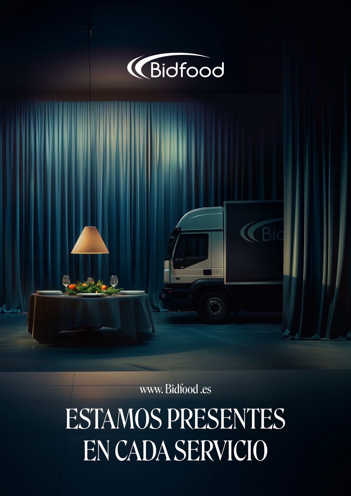 Poster — a Bidfood lorry on a theatre stage behind velvet curtains, 'Estamos presentes en cada servicio'