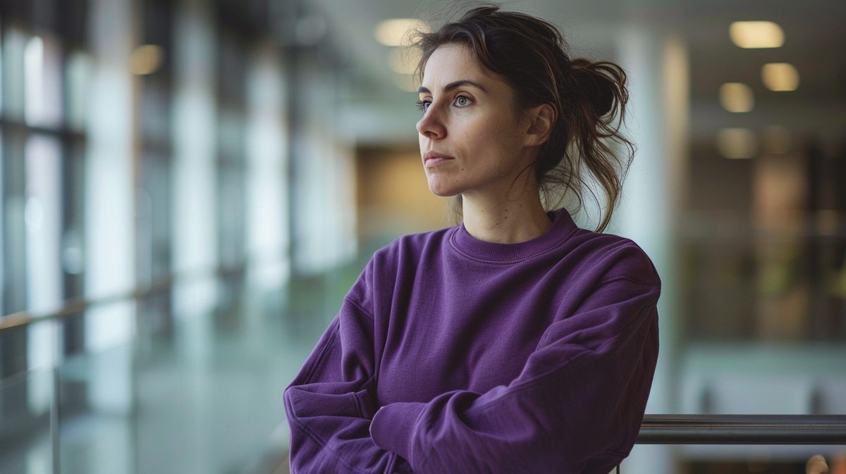 A student in a purple CEVRO hoodie in a bright campus corridor