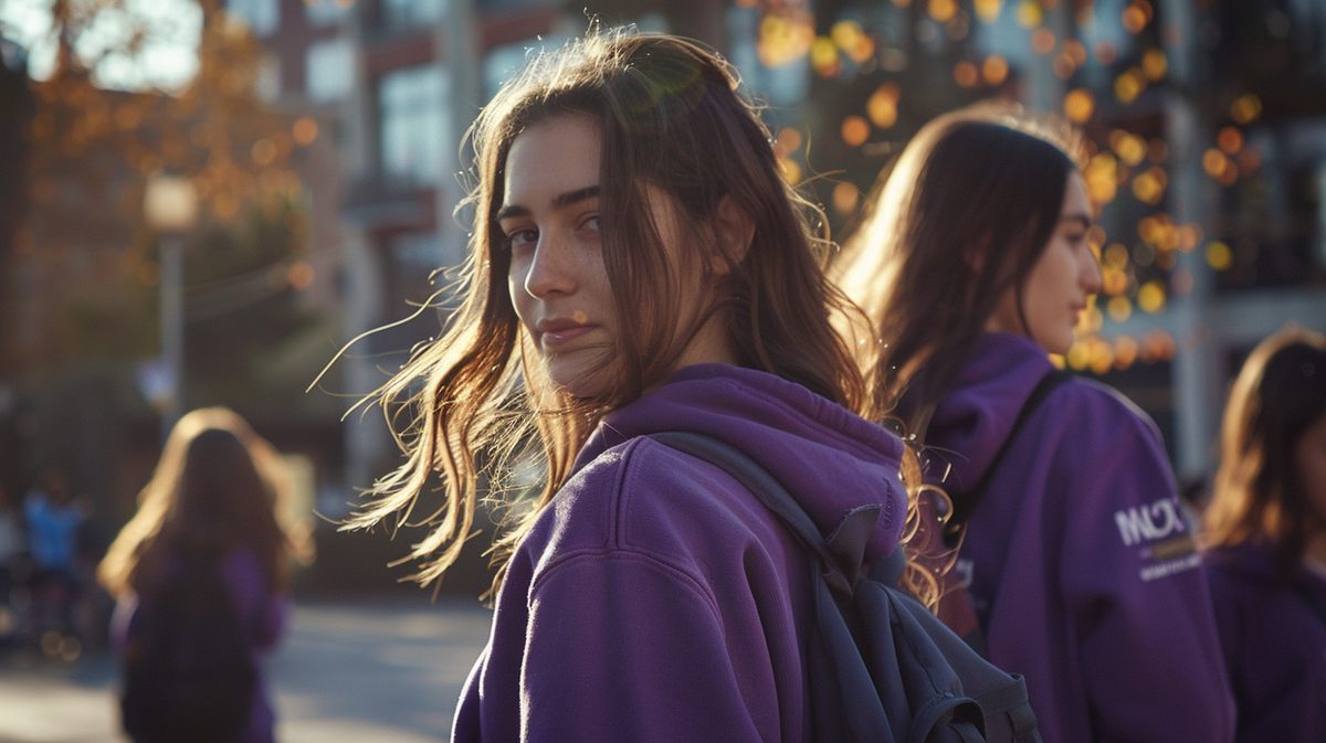 Two students walking and talking on an autumn street