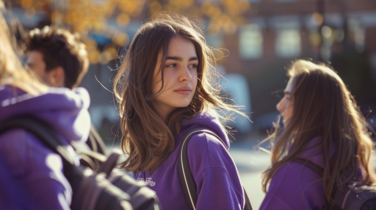 Students in purple hoodies gathered outside a university building