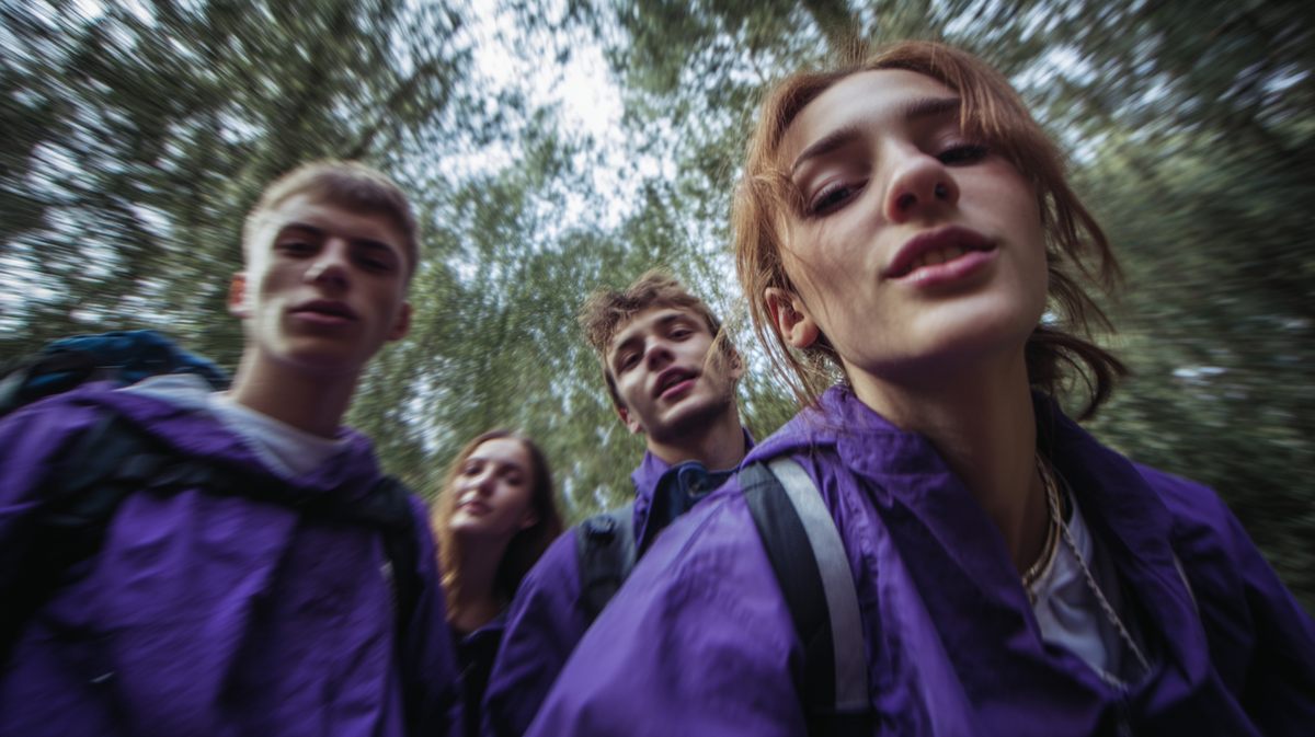 A low-angle shot of a group of students laughing together