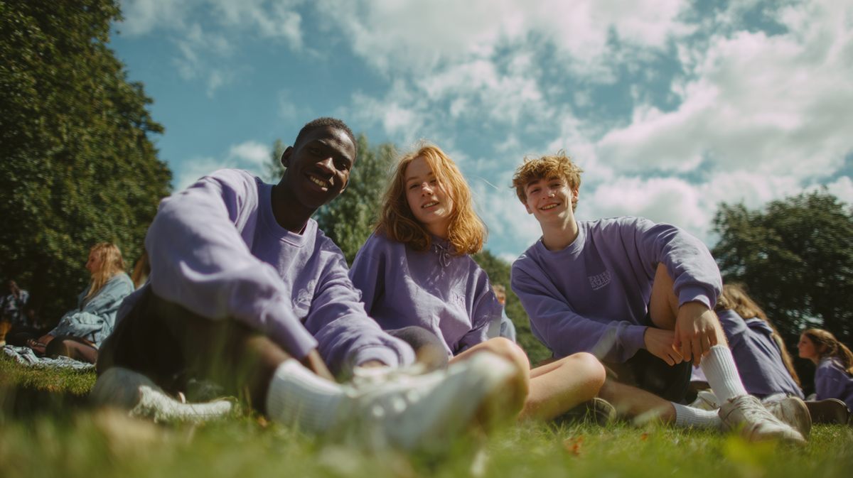 Students sitting on the grass on a sunny day
