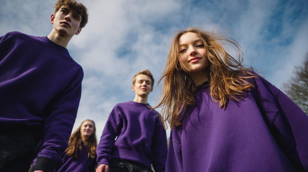 A group of students seen from below against a blue sky