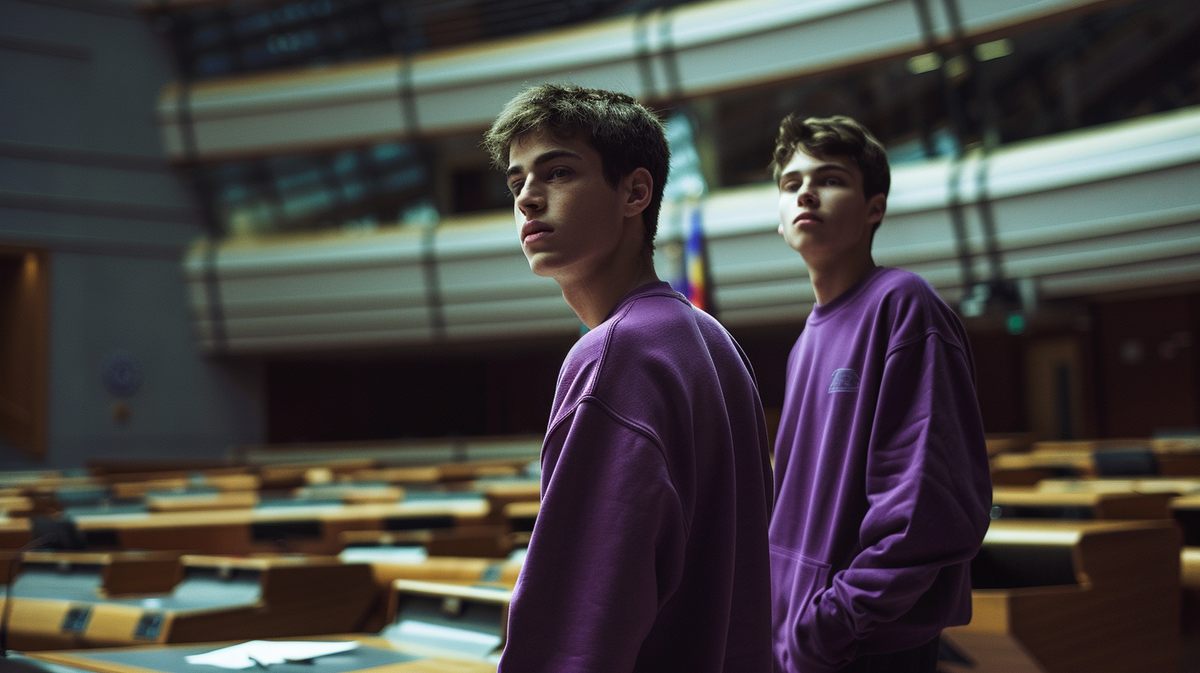 Two students in a parliamentary-style debating chamber