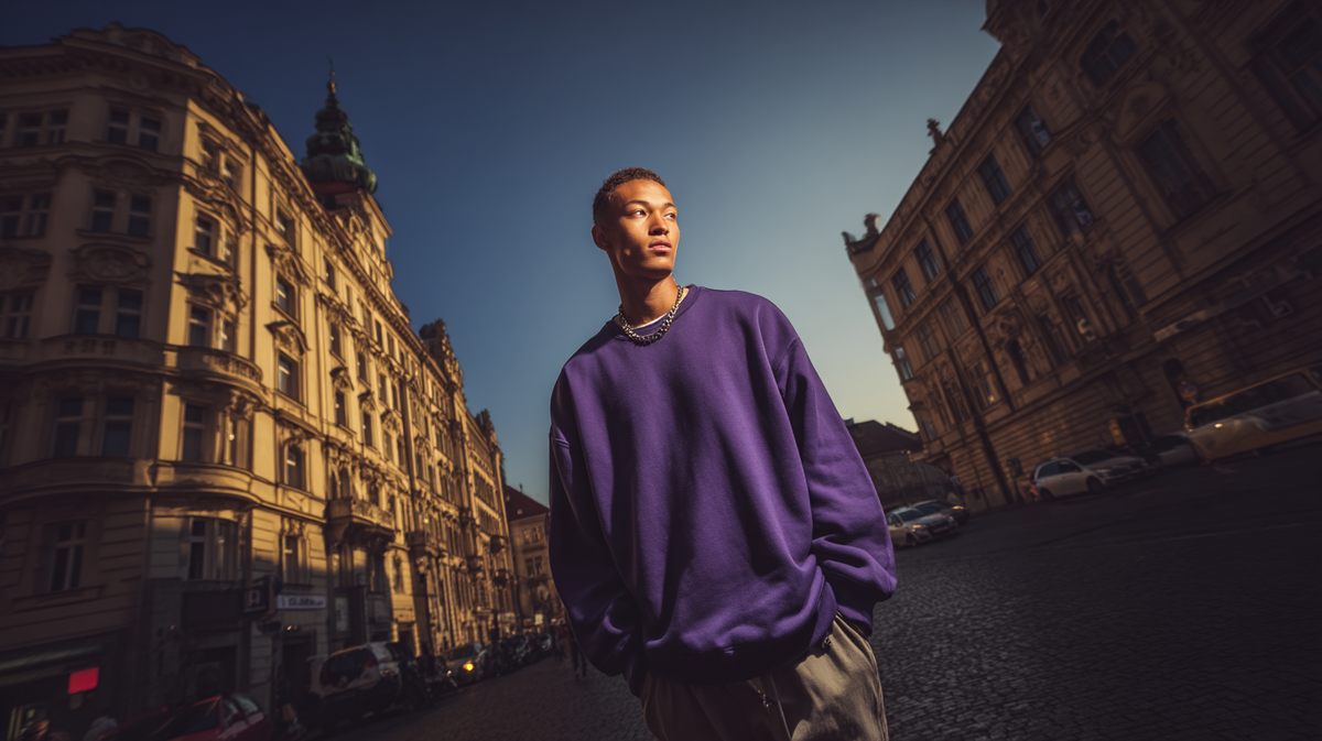 A student standing on a city street at dusk
