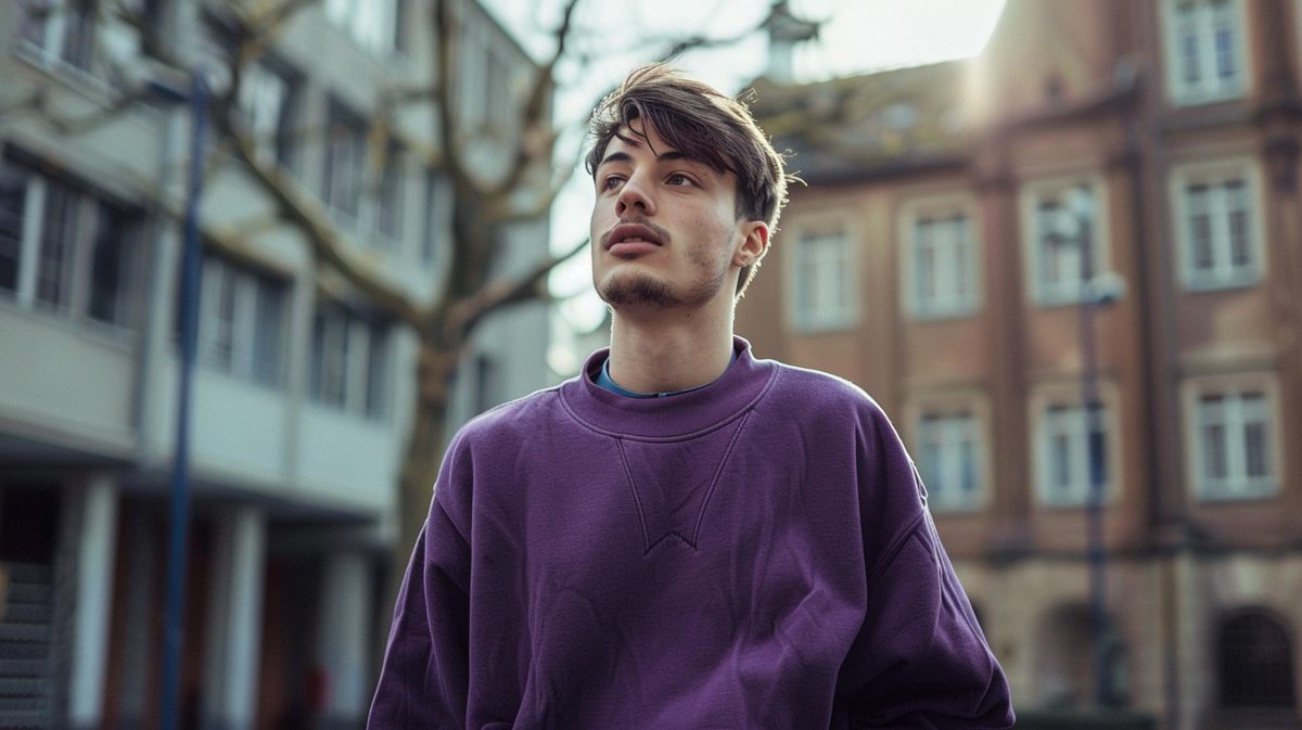 A student on a street of old town buildings