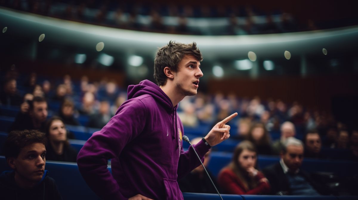 A student speaking to a full lecture hall
