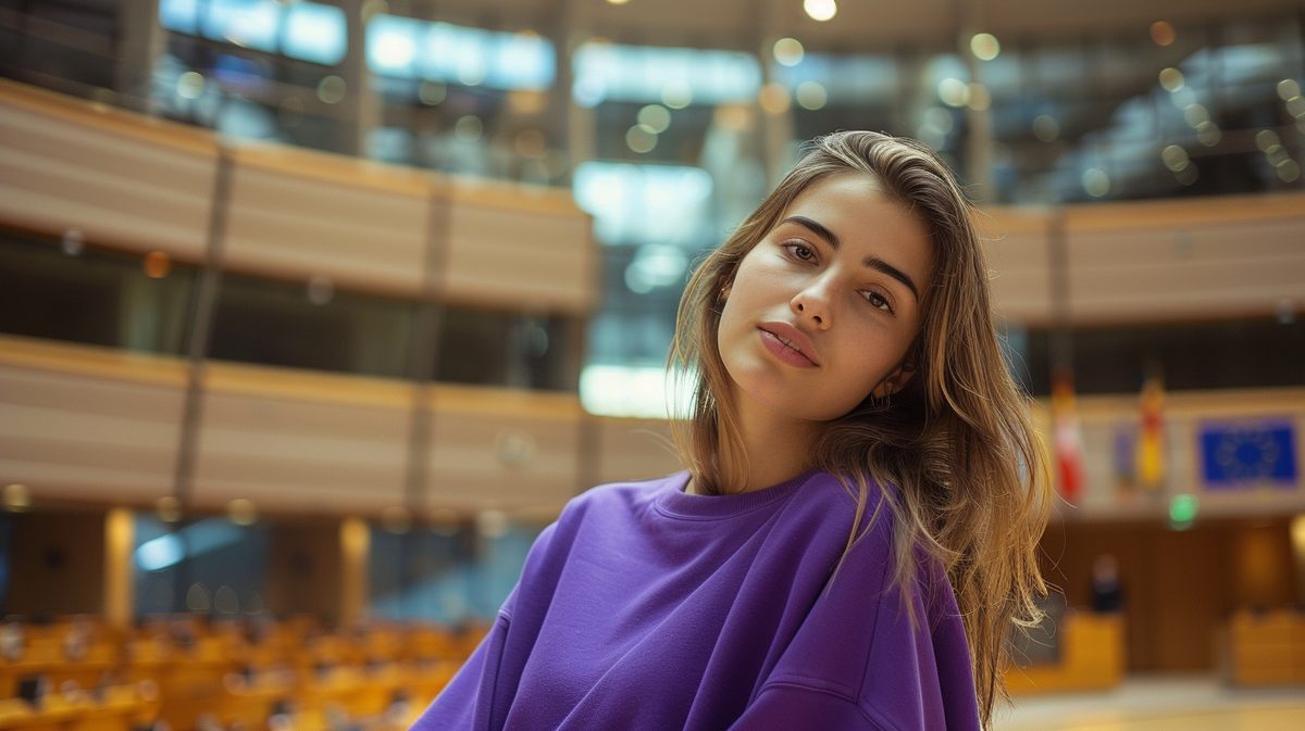 A student in a purple sweatshirt in a lecture theatre