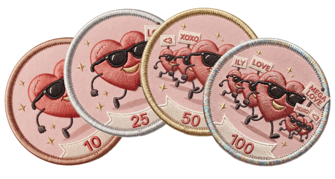 A fanned set of one sticker across its 10, 25, 50 and 100 tiers