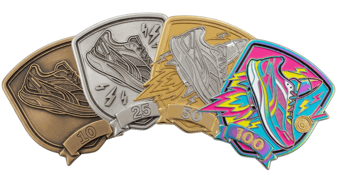 A fanned set showing a sticker's bronze, silver and holographic tiers
