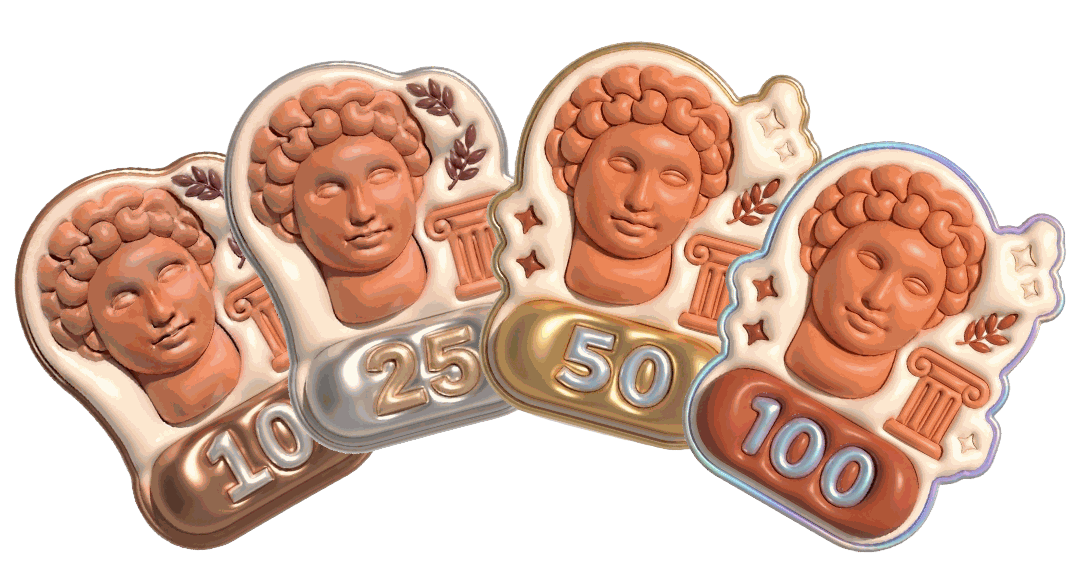 A fanned set of a sculpture-head sticker across four tiers