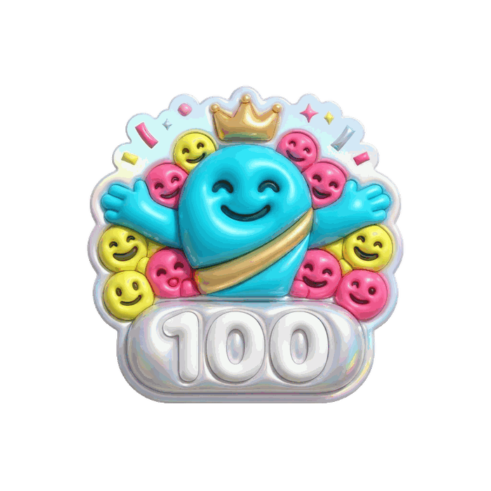 Friends sticker — a smiling blue character surrounded by faces, tier 100