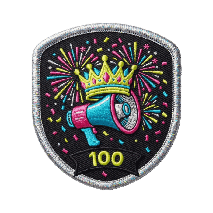 Hosting sticker — a megaphone with fireworks, tier 100