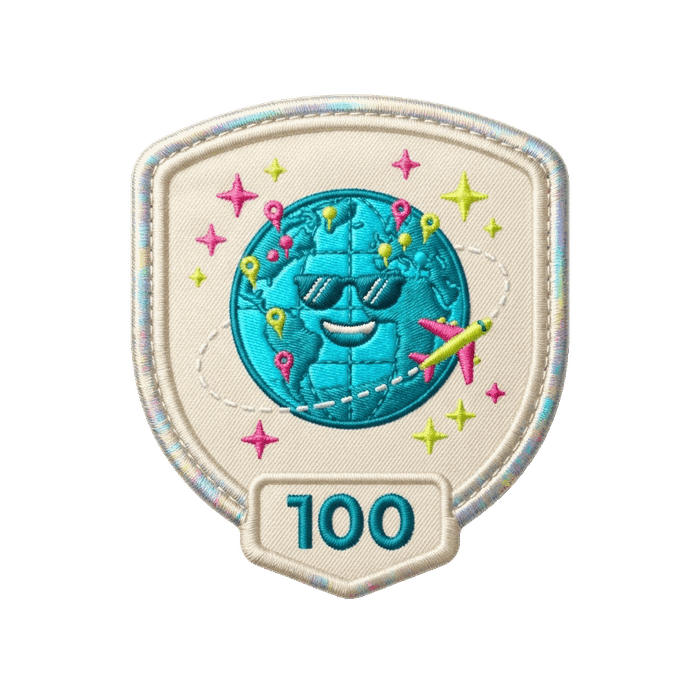 Voyage sticker — a smiling globe in sunglasses, tier 100