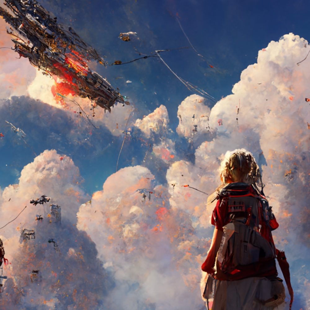 A girl with a red backpack looking up at a vast airship fleet in the clouds