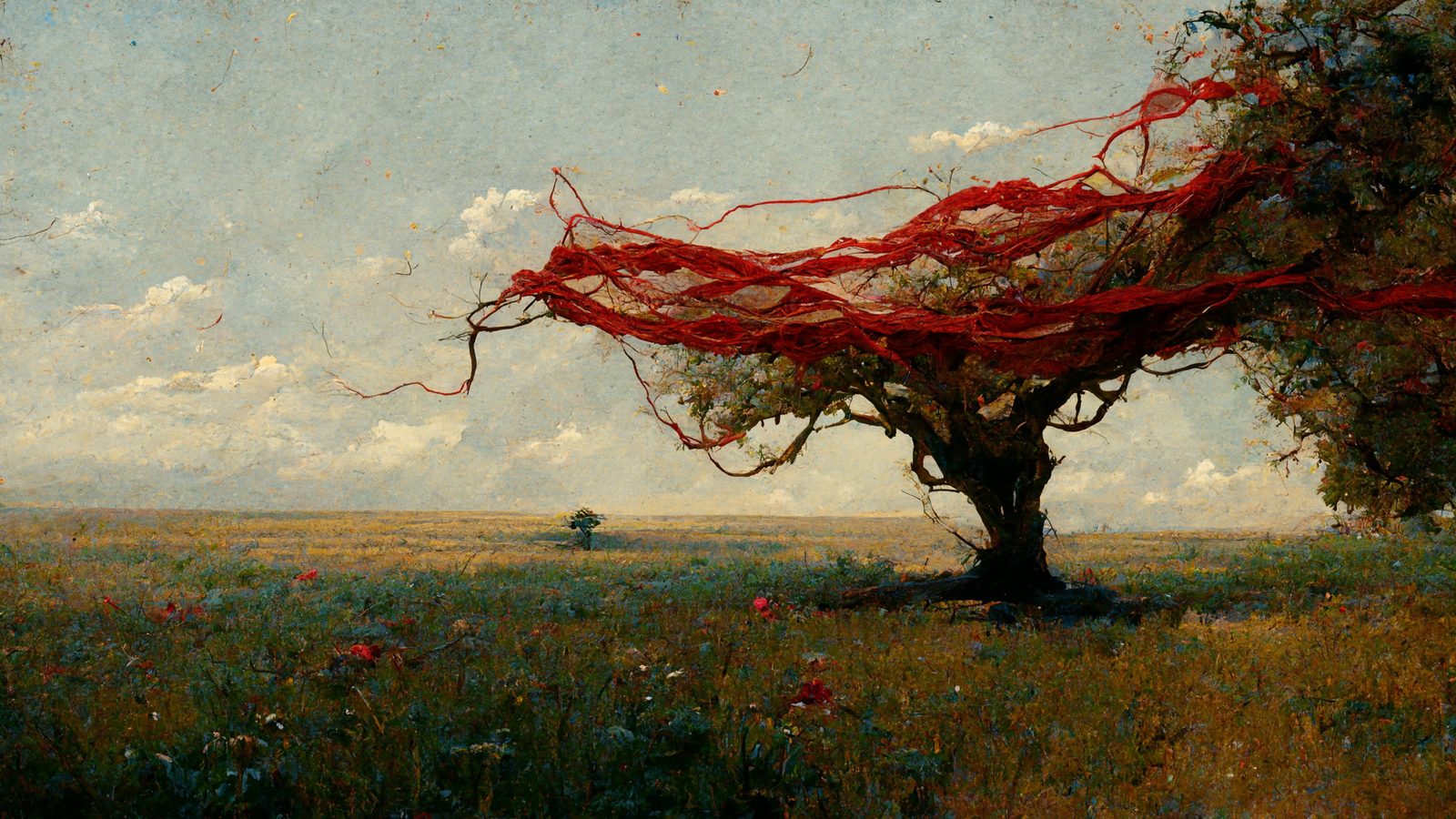 A lone tree in a meadow with a long red ribbon streaming from its branches