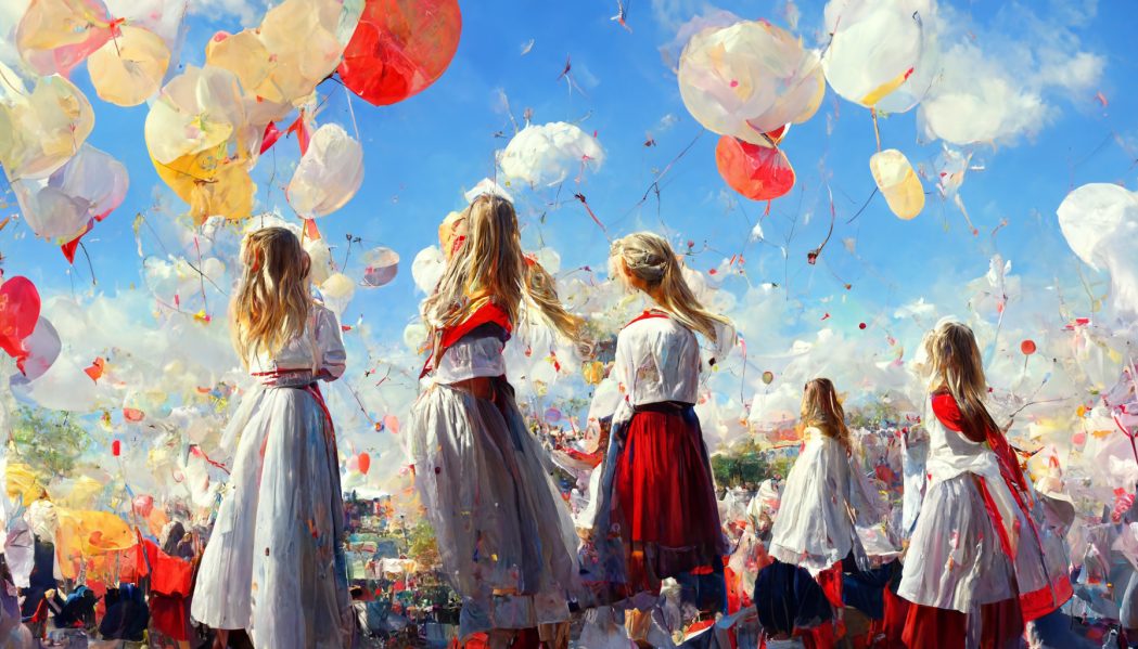 A crowd of girls in embroidered white dresses beneath a sky full of balloons