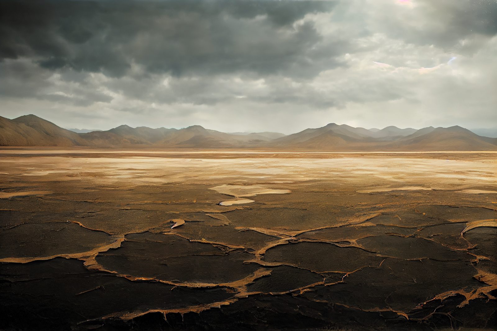 A cracked, dried-out plain under heavy storm clouds