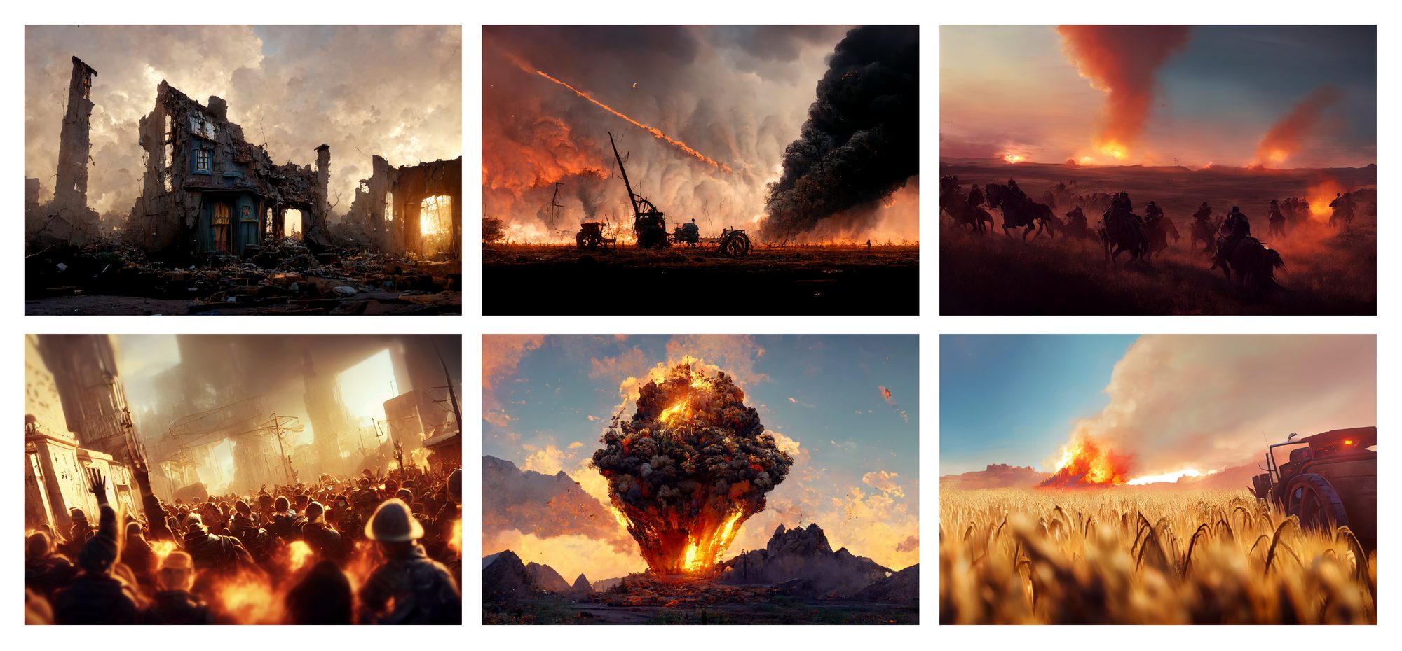 A grid of six frames — ruined buildings, fire, a mushroom cloud and crowds