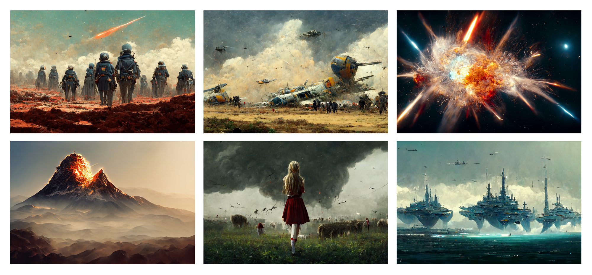 A grid of six frames — marching figures, warplanes, an explosion in space, a volcano and a distant city