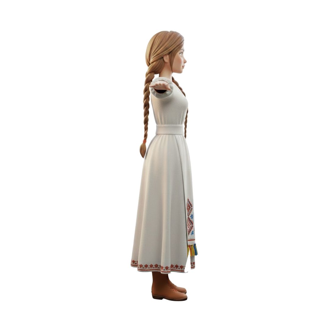 A 3D model of the character in a white embroidered dress, seen from the side
