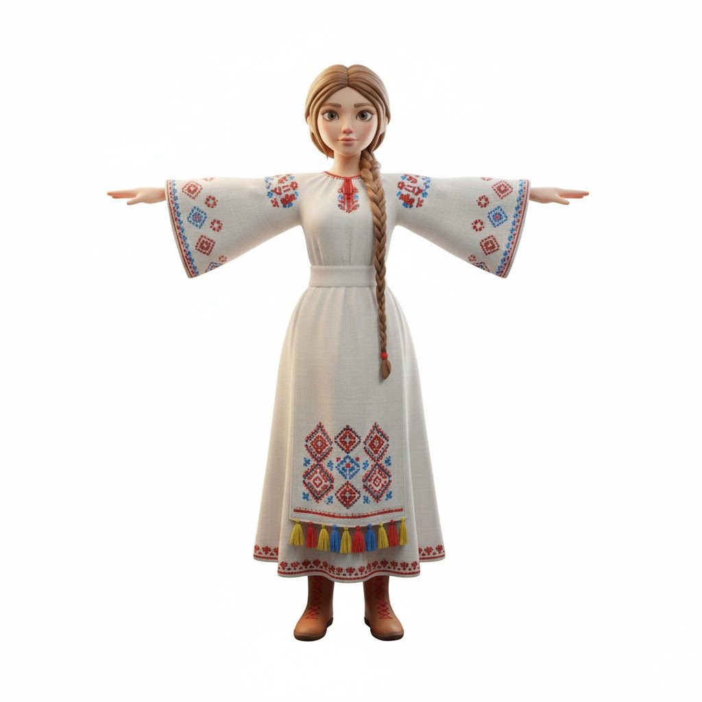 The same 3D character seen from the front, arms outstretched