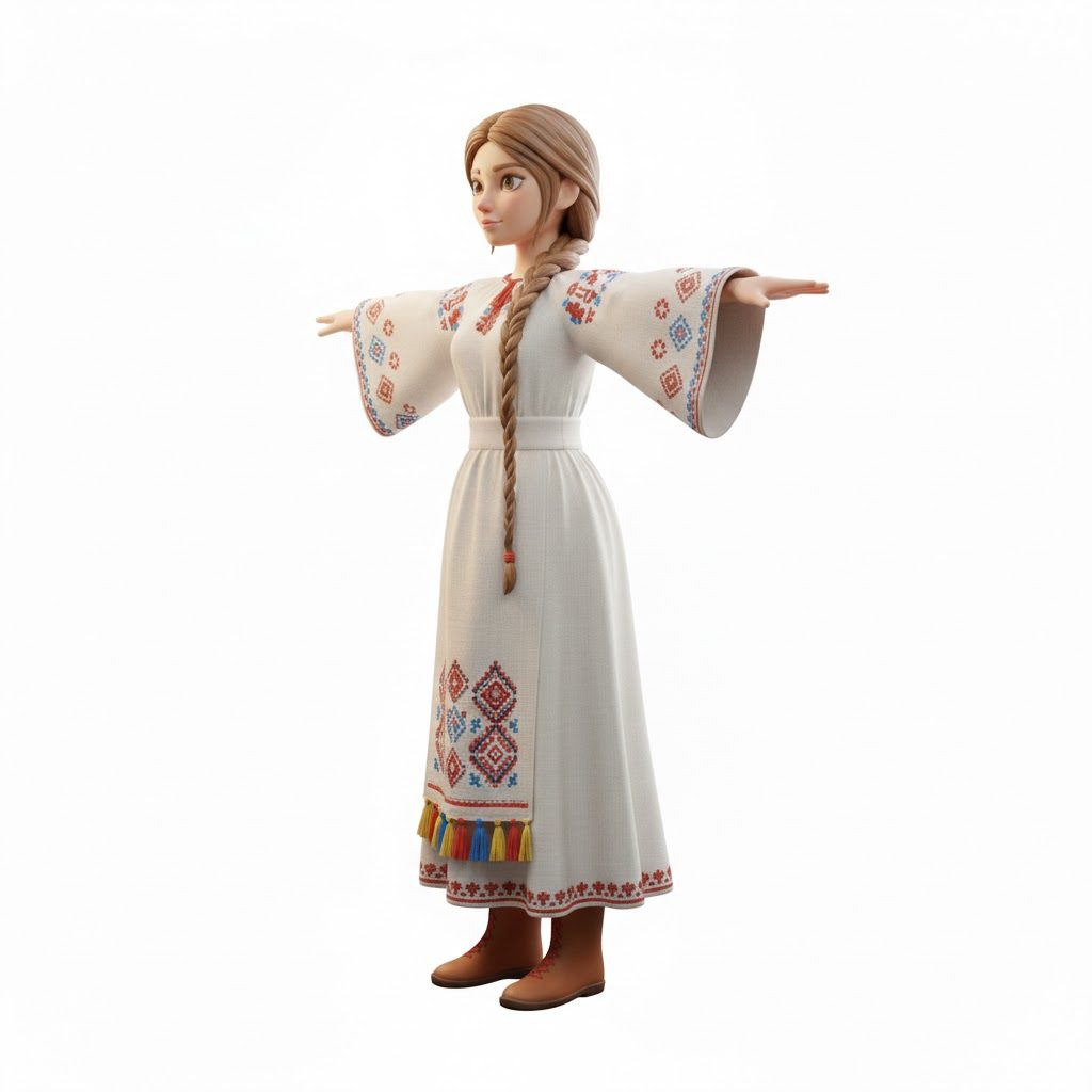The same 3D character seen at a three-quarter angle, arms outstretched
