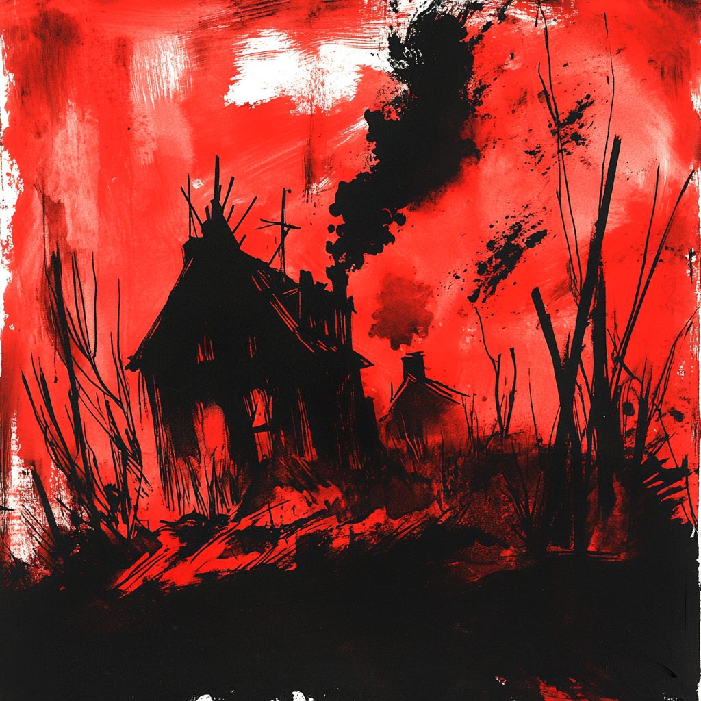 A red-and-black painted scene of a burning house among reeds
