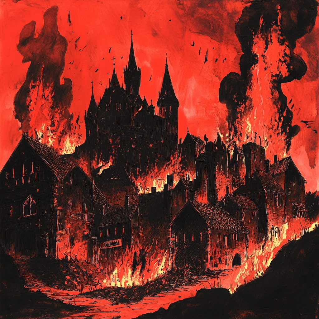 A red-and-black painted scene of a burning gothic town