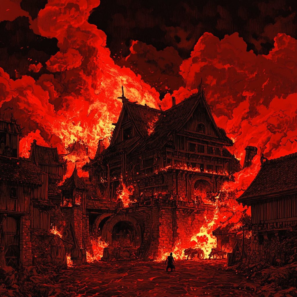A red-and-black painted scene of a burning village with a lone figure