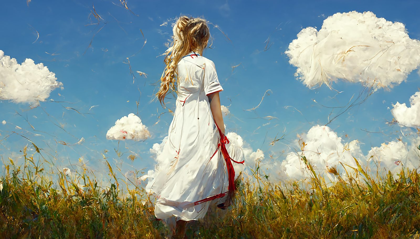 A girl in a white dress with a red ribbon standing in a meadow under towering clouds