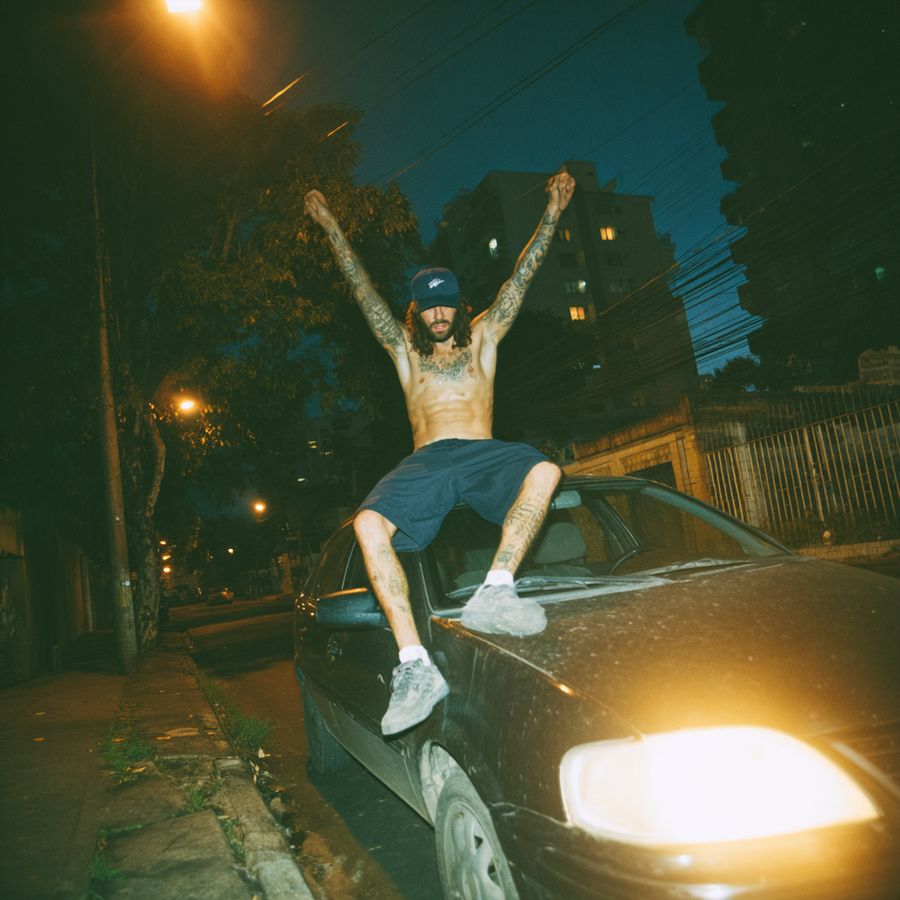 A man leaping over a car bonnet at night