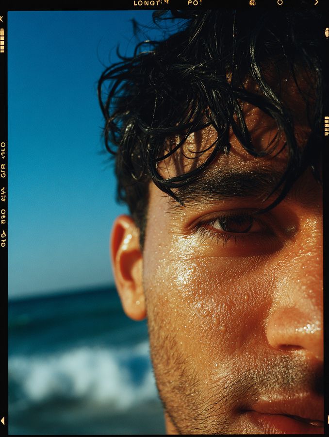 A close-up of a man's face by the sea