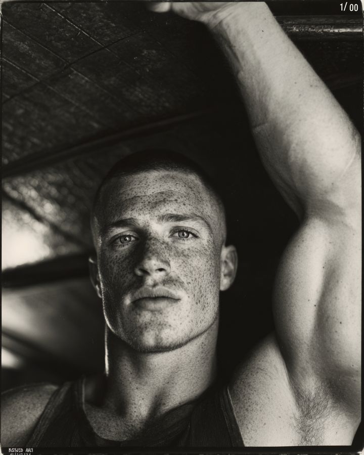 A man lying back with his arms raised, in black and white