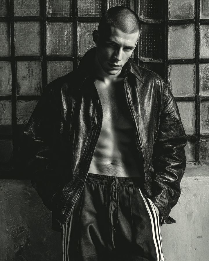 A man in a leather jacket in front of a window grid