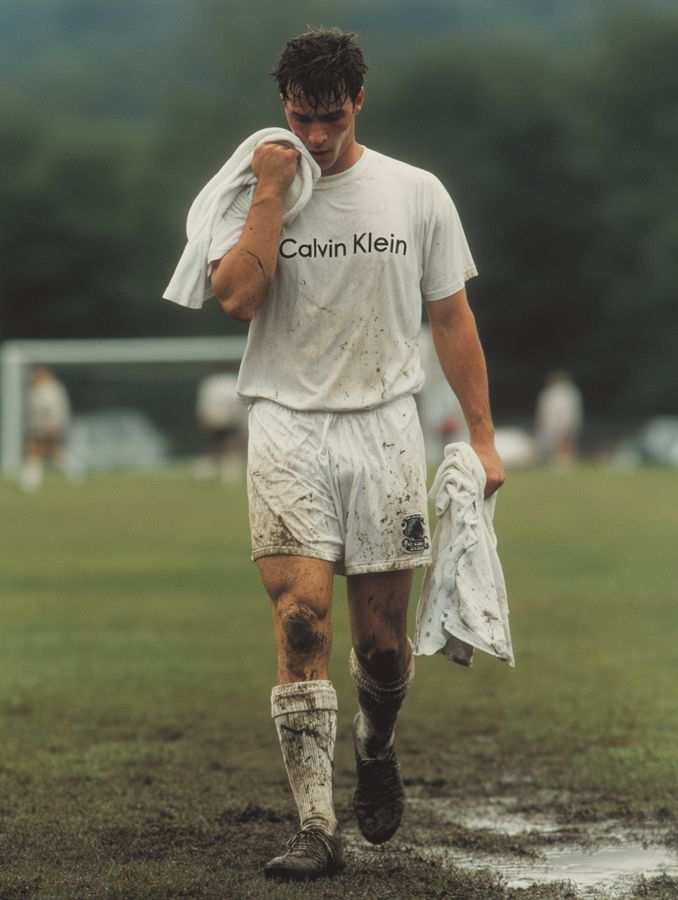 A footballer walking off the pitch, wiping his face