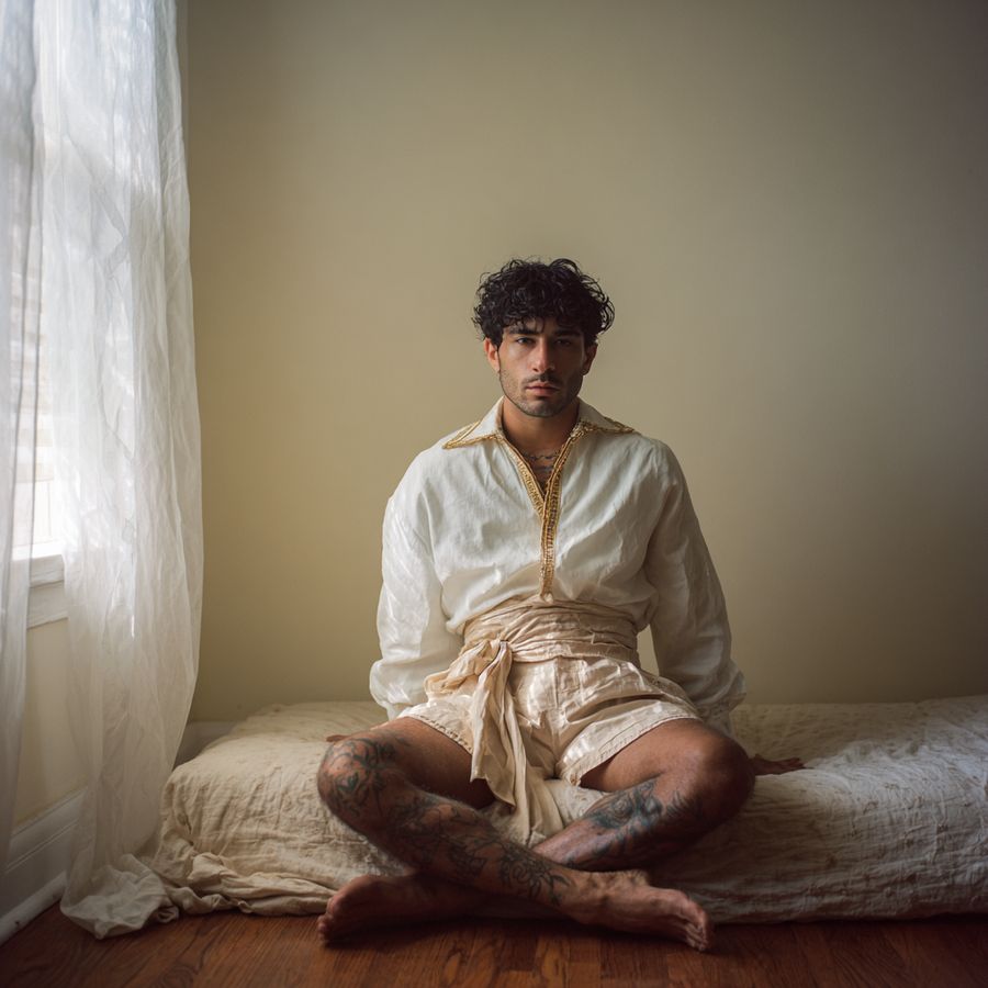 A man in a robe sitting cross-legged on a bed