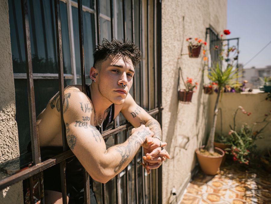 A man leaning on a balcony railing among plants