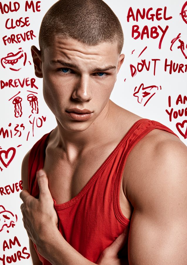 A man in a red vest against a wall of handwritten slogans