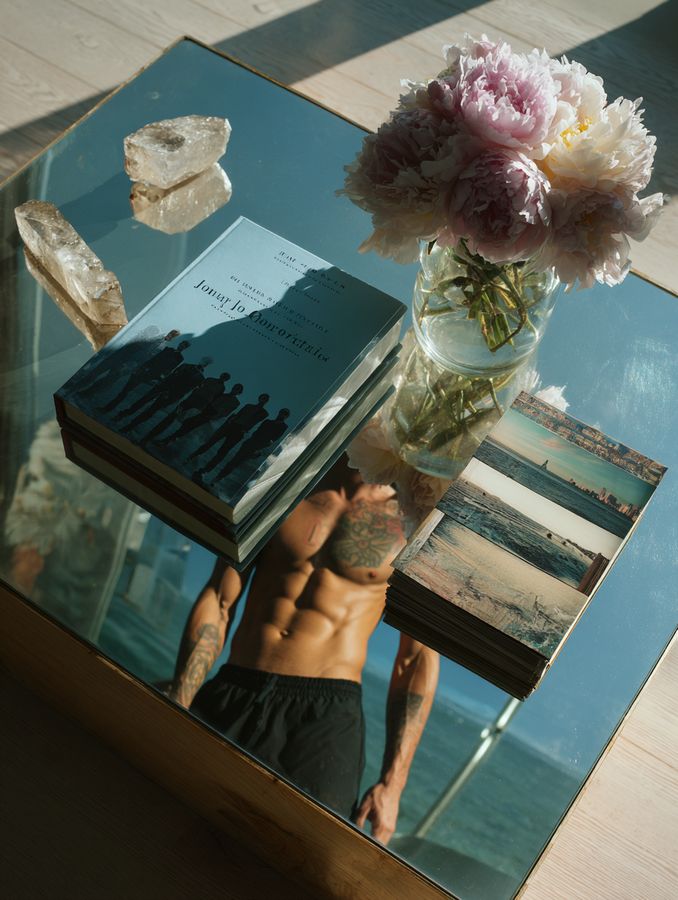 A tabletop collage of photographs and flowers