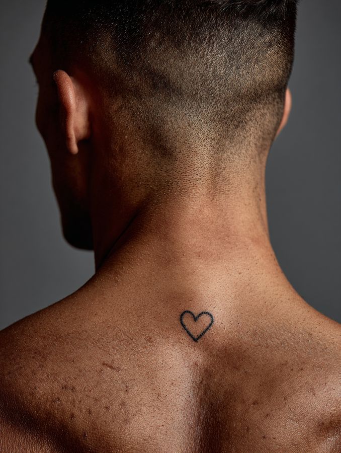 The back of a man's neck with a small heart tattoo