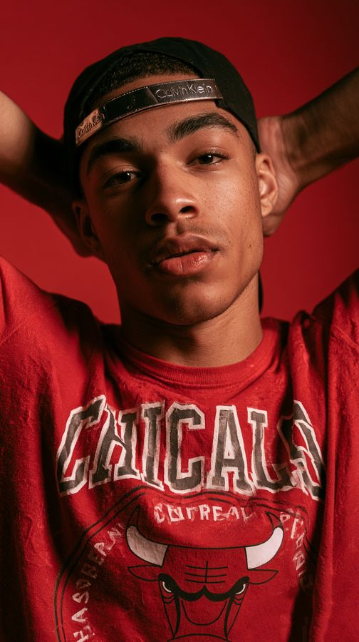 A man in a red cap and sweatshirt against red