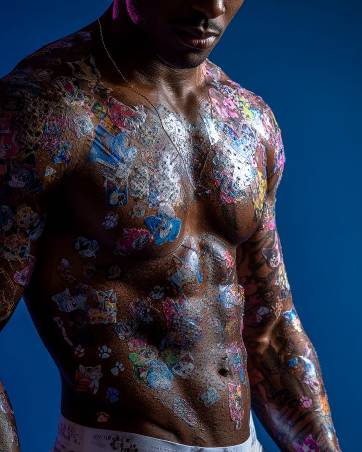 A man's torso painted with colourful patterns