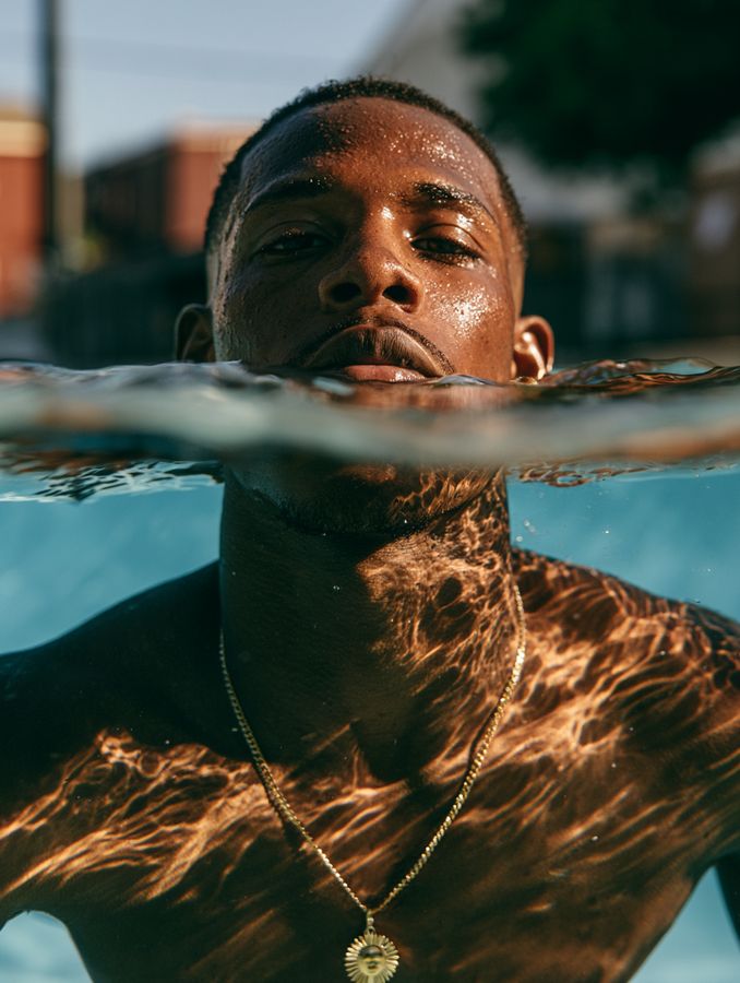 A man half-submerged in a swimming pool