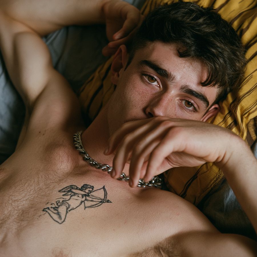 A man with a chest tattoo lying on yellow bedding