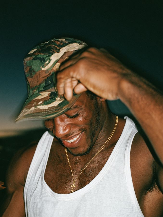 A man in a white vest laughing, hand on his head